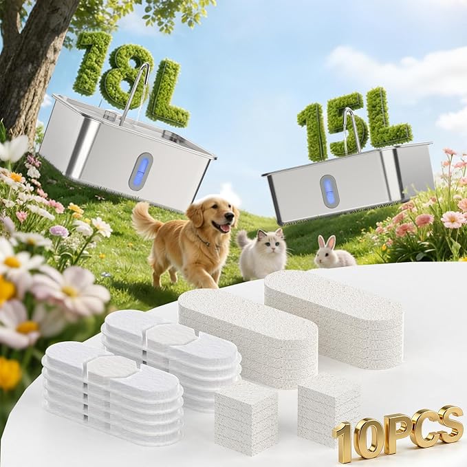 10 Set Dog Water Fountain Filters Replacement,4Gal/15L Pet Fountain Filters,Made of Activated Carbon and PP Cotton, 5-Layer Filtration System, 10 Pre-Filter Sponge,10 Pump Sponge,10 Filter