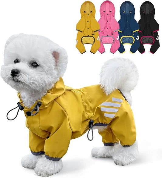 Dog Raincoat, Waterproof Dog Rain Jacket with Hood, Rain Coat with Leash Hole, Reflective Strap for Small Medium Dogs, Lightweight Puppy Clothes(Yellow,S)