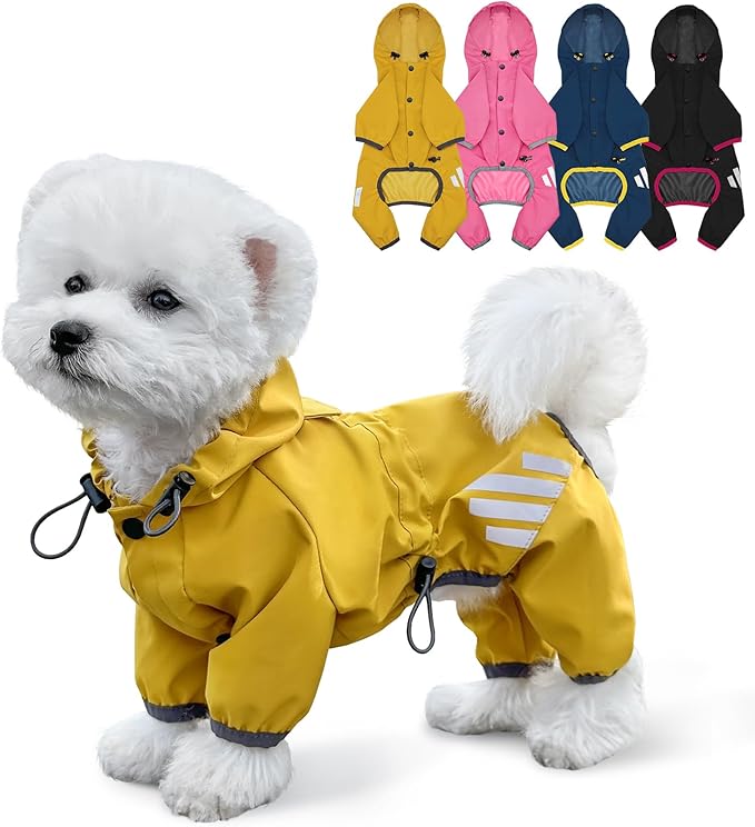 Dog Raincoat, Waterproof Dog Rain Jacket with Hood, Dog Rain Coat with Leash Hole, Reflective Strap for Small Medium Dogs, Lightweight Puppy Clothes(Yellow,M)