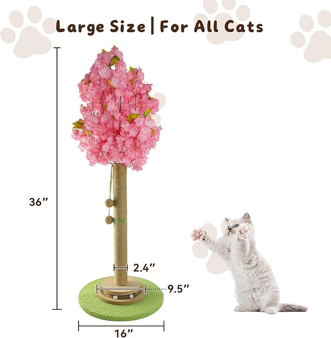 Cherry Blossom Cat Scratching Post, 36" Tall Natural Sisal Sturdy Base Tower with Interactive Trackball Toy for Indoor Kittens & Large Felines, Japanese Aesthetic Floral Furniture Decor