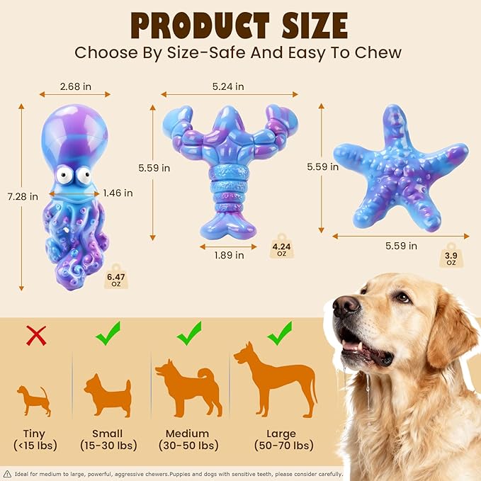 3 Pack Indestructible Dog Chew Toys for Aggressive Chewers: Ultra-Dense Nylon, Bacon Flavor Chew Bones, Heavy Duty Tough Toys for Large Dogs 20-90 lbs, Long Lasting & Keep Them Busy (XL Ocean)