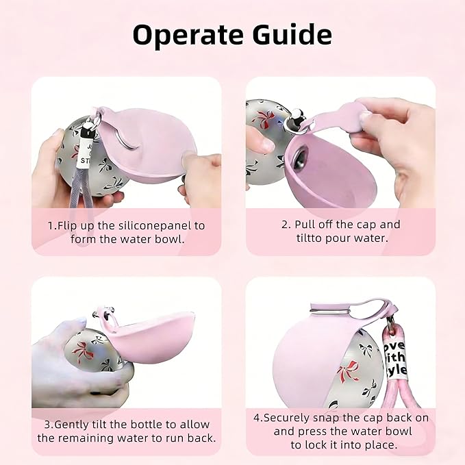 2 in 1 Portable Dog Water Bottle with Foldable Silicone Bowl, 10 Oz Travel Water Bottle for Dogs Drinking, Leakproof Stainless Steel Pet Water Bowl for Outdoor Walking Hiking Camping (Pink no Print)