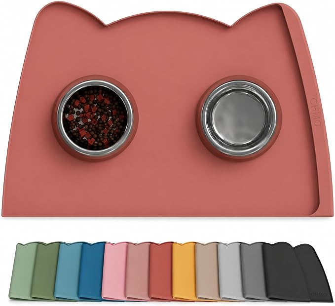 OHMO Dog Food Mat(Erythrinus, 24 * 15'') w/Residue Collection Pocket Silicone Pet Feeding Mat for Floor High Edges Anti Spills Waterproof Cat Water Bowl Tray, Easy Clean Placemat