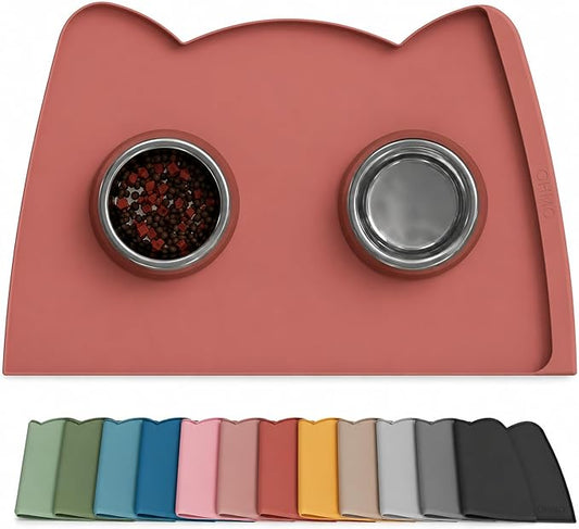 OHMO Dog Food Mat(Erythrinus, 24 * 15'') w/Residue Collection Pocket Silicone Pet Feeding Mat for Floor High Edges Anti Spills Waterproof Cat Water Bowl Tray, Easy Clean Placemat