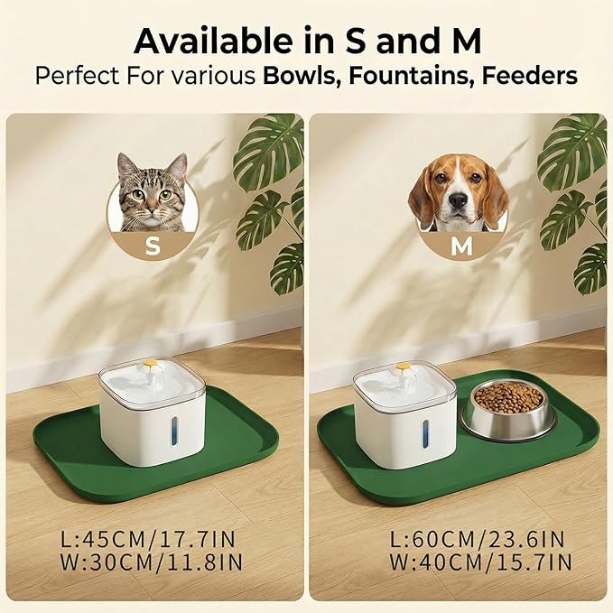 BLESWIN Waterproof Silicone Pet Feeding Mat Green with Raised Edge,24" x 16"Non-Skid Spill Proof Dog Bowl Mats, Easy Clean Cat Bowls Placemat for Cats and Dogs