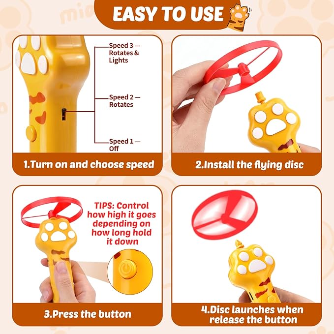 BABORUI Cat Toy Disc Launcher, Rechargeable Interactive Cat Fetch Toy Launcher with 8 Flying Discs, Flying Enrichment Toys for Indoor Bored Kittens & Adult Cats (Yellow)