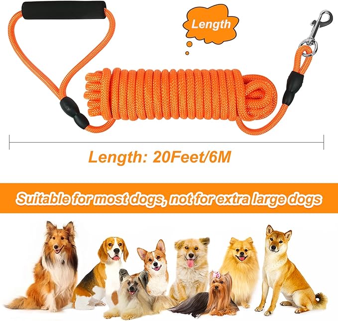 Vivifying Floating Long Dog Leash, 20FT Dog Training Leash, Lightweight Dog Check Cord Rope Lead with Comfortable Handle for Outside, Hiking, Swimming, Beach and Lake