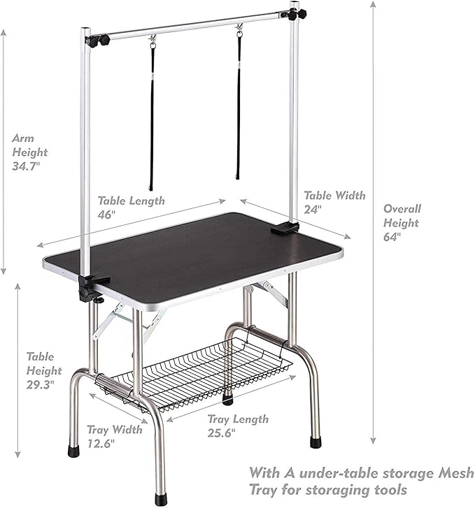 Pet Dog Grooming Table, Foldable Stainless Steel Pet Drying Grooming Table Up to 330lbs, Professional Bathing Desk for Dogs at Home with Adjustable Overhead Arms, Noose, Mesh Tray, 46''/Black
