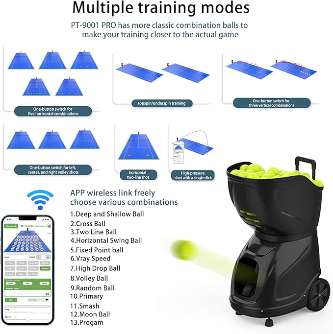 PT-9001 Programmable Variable-Speed Tennis Ball Machine | APP & for Apple Watch Control (12 Modes), MAX 140KM/H, 10Hr Battery, 6-Level Spin, 150-Ball Capacity — for Clubs & Advanced Players