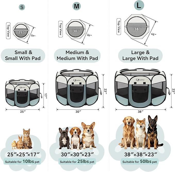 Siedihit Dog Cat Playpen, Puppy Pet Playpen Indoor for Small Dog Crate Tent Cage Outdoor, Portable Pop Up Dogs Enclosure Kennel with Carrying Case for Dogs/Cats/Rabbits(Grey, Small