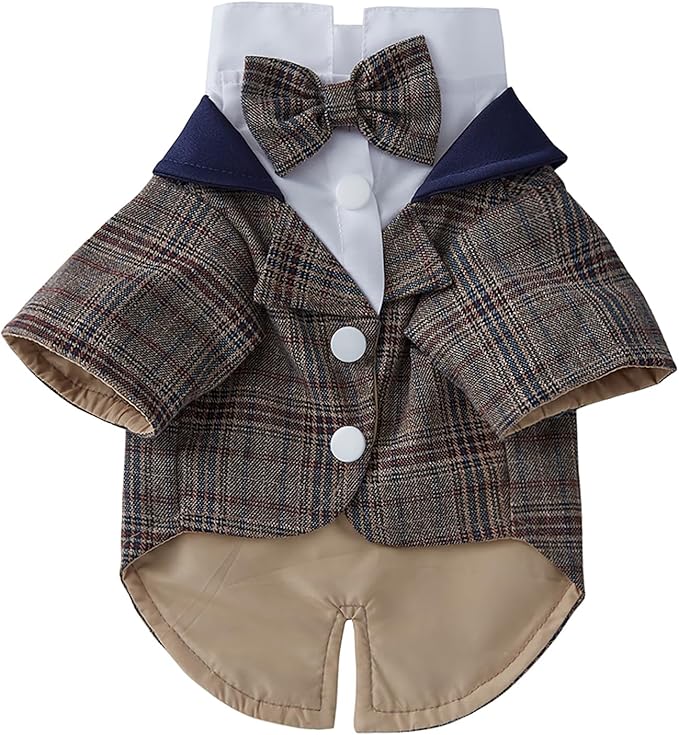 GabeFish Pets Wedding Jackets Suit for Dogs with Bow Tie Puppy Cat Formal Clothes Shirt Tuxedo (Brown, M (Chest 15.3in/39cm))