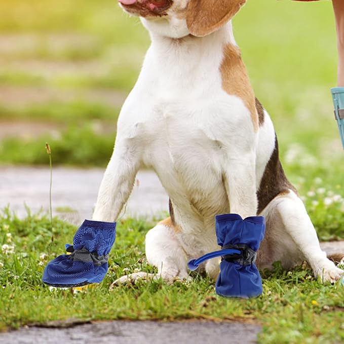 POPETPOP Waterproof Dog Rain Boots Set with Adjustable Straps Non-Slip Nylon and Cotton Paw Protectors for Small and Medium Dogs Outdoor Rain Shoes