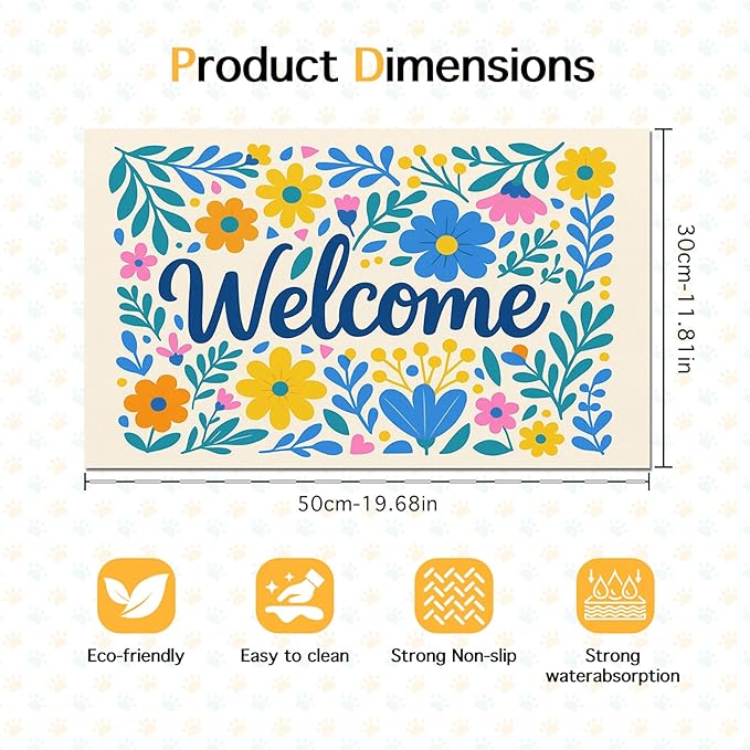 HOMETITUTE Daisy Flower Pet Food Mat 20" x 12" Welcome Sign Pet Feeding Mat Non Slip Mats for Dog Food and Water Bowls Easy Clean Fast Dry Placemat for Cat Food Mats for Indoor Trendy Pet Accessories