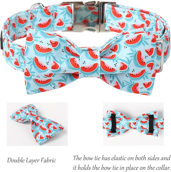 Lionet Paws Watermelon Dog Collar with Bowtie, Cute Summer Cyan Dog Collar for Girl for Small Dogs, Adjustable Cotton Pet Puppy Collars for Small Dogs