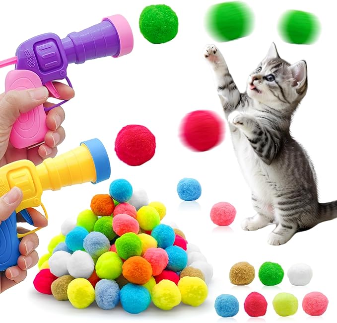 Jgalnim 100 Cat Pom Pom Balls &2 Cat Toy Launchers,Cat Toys Ball Launcher,Launch Ball Cat Fetch Toy,Interactive Cat Toy Balls for Kitty Gifts