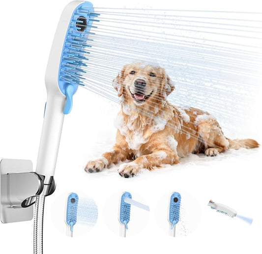 4 Mode Dog Shower Attachment, High Pressure Handheld Sprayer with ON/OFF Switch, 78 Inches Stainless Steel Hose, Diverter, Adhesive Holder, for Indoor/Outdoor Dog Bathing and Cleaning
