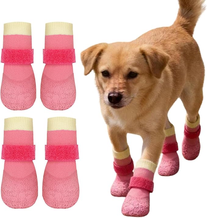 Dog Boots,Dog Paw Protectors Socks for Hot Pavement,Anti Slip Dog Shoes for Hardwood Floors_M(Pink)