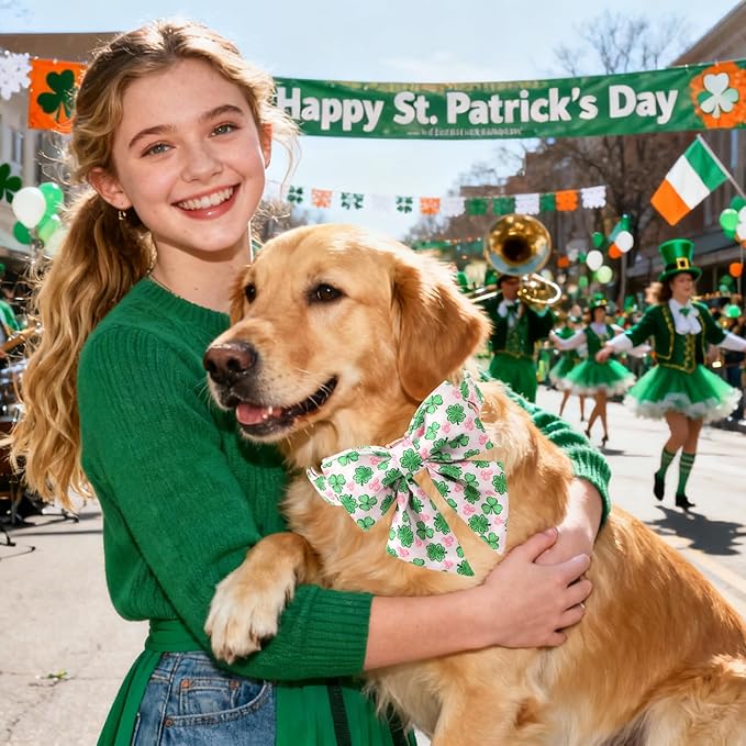 DOGWONG St. Patrick's Day Shamrock Dog Collar with Sailor Bow,Pink Green Four Leaf Clover Pattern Dog Collar, Adjustable Durable Soft Collars Irish Gift for Girl Female Dogs,M