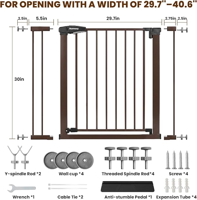 Mumeasy 29.7-40.6" Baby Gate for Stairs, Auto Close Dog Gate for Doorways, Pressure Mounted No Drill Pet Gate with Easy Walk Thru Door, Double Lock, Brown