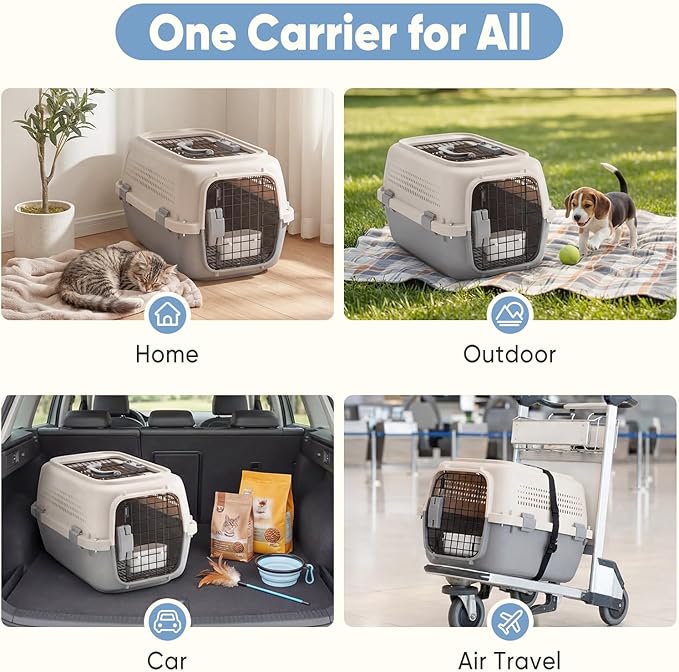DUMOS 23" Hard-Sided Pet Carrier for Small Dogs & Cats, Airline Approved Travel Crate with Enhanced Security Latches, Front & Top Load Wire Door, Food Bowl for Traveling, Hiking, Camping - Beige&Grey