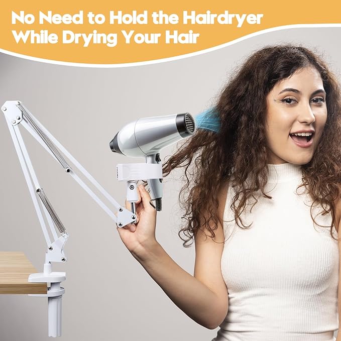 Dog Hair Dryer Holder,Blow Dryer Stand for Dog,Hands-Free 360° Rotating Pet Grooming Table Blow Dryer Stand with Adjustable Arm,Dog Tabletop Hair Dryer（White）