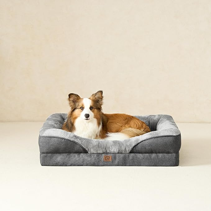 EHEYCIGA Orthopedic Dog Bed for Large Sized Dog, 36x27 Inch Large Memory Foam Dog Couch Bed with Sides, Waterproof Liner & Washable Removable Cover, Bolster Pet Sofa, Grey