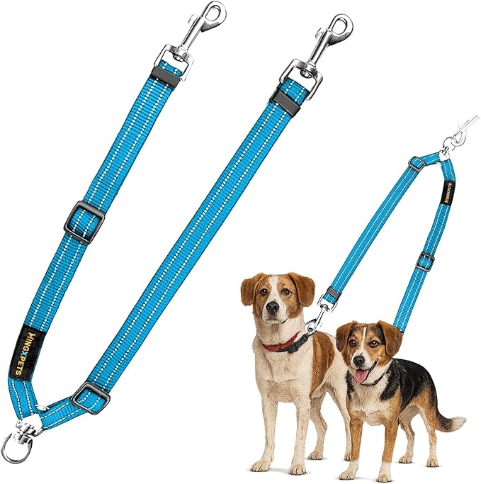 MingXpet Double Dog Leash for Two Dogs, No Pull Dog Leash, 360° Swivel No Tangle for Medium Dogs Walking & Training, Shock Absorbing Reflective Bungee, Blue