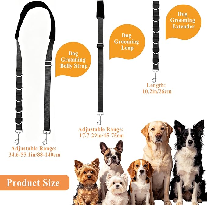 ASOCEA Dog Grooming Belly Strap Dogs Grooming Table Arm Extender Loop with D-Rings Adjustable Bathing Restraint Leash No Sit Haunch Holder for Small & Medium Dog Cat Hair Cutting Washing (Black)