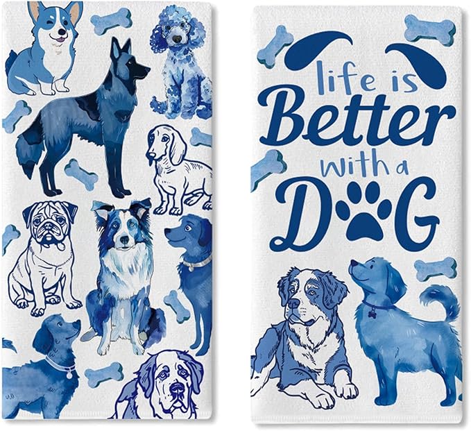 Life is Better with Dog Kitchen Dish Towels Set of 2, Blue German Shepherd Corgi Drying Hand Towel Baking Cooking Cloth, Funny Bathroom Home Decoration Pet Dog Owner Lover Gift 18'' x 26''