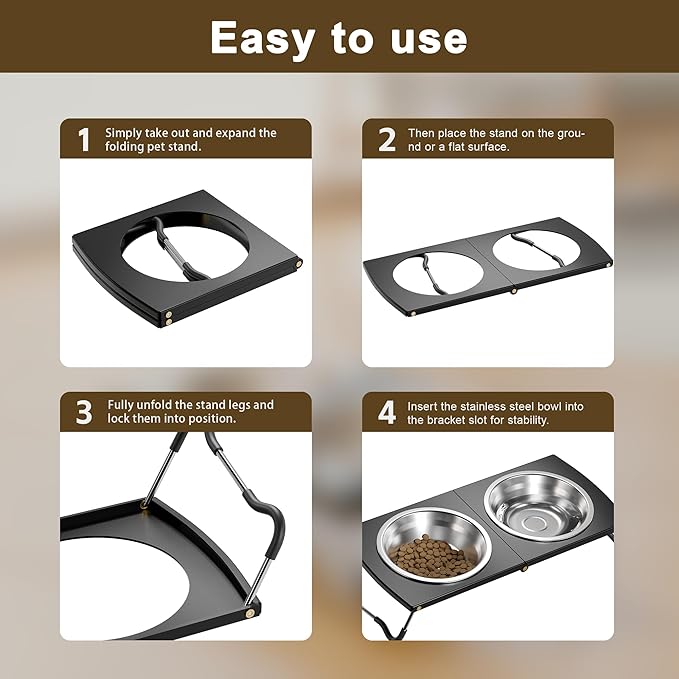 Elevated Cat Bowls with Foldable Stand, Height Adjustable Metal Raised Dog Cat Feeder with 2 Stainless Steel Bowls, Non-Slip Tilted Food Water Bowls for Cats and Small Dogs
