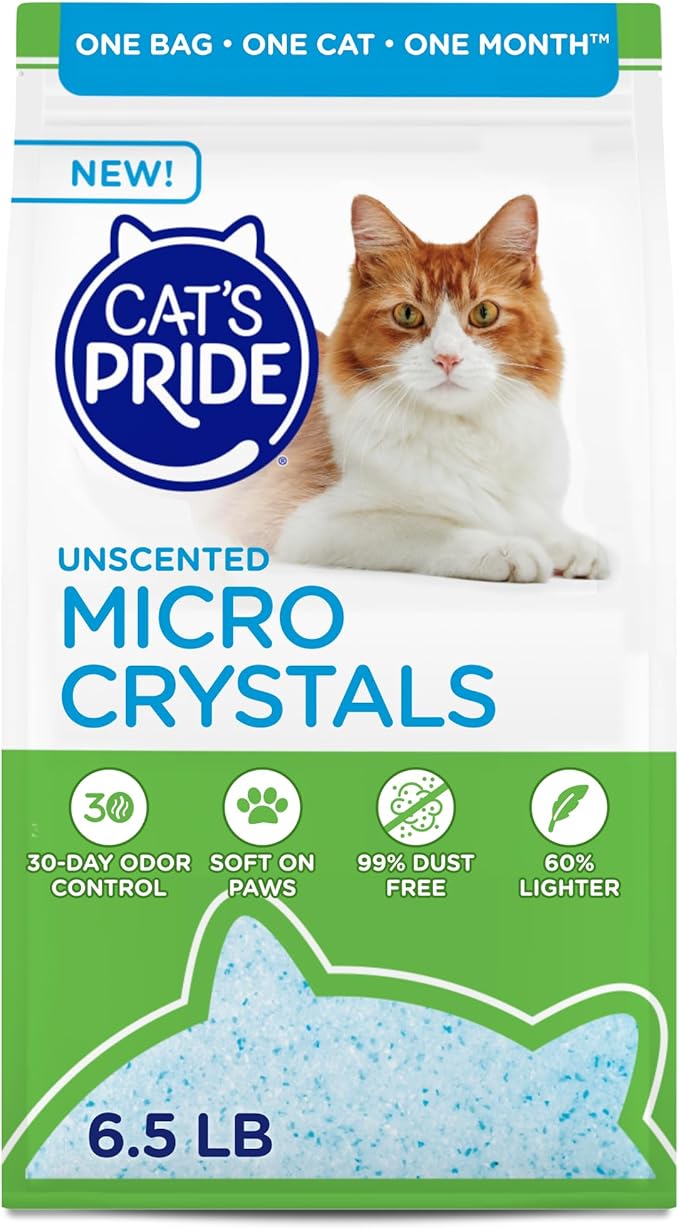 Cat’s Pride Micro Crystals Cat Litter, Non-Clumping, Unscented, 30-Day Odor Control, 99% Dust Free, Lightweight, Soft on Paws, 6.5lb Bag