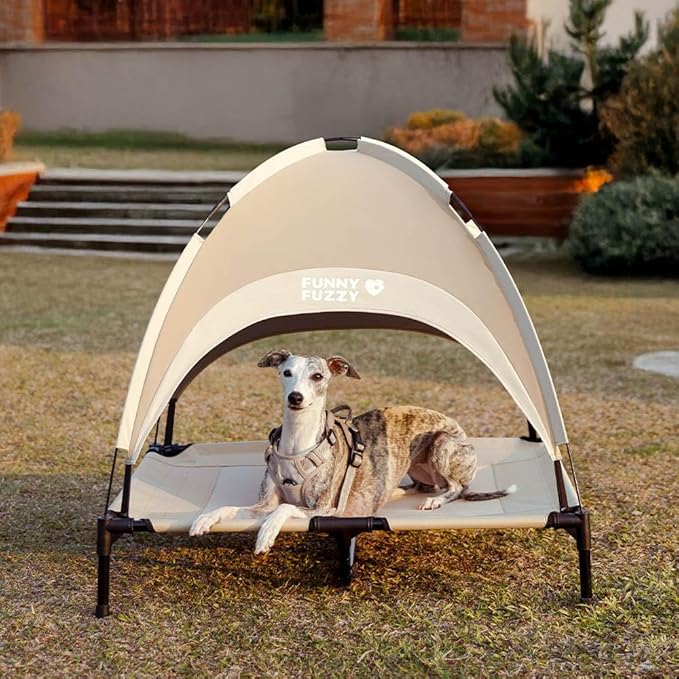FUNNY FUZZY Elevated Dog Bed with Canopy for Large Dogs up to 120 lbs– Raised Dog Cot Bed with UV Shade,Waterproof,Breathable Mesh,Outdoor & Indoor Use,Portable,Khaki(36"×30"×7")