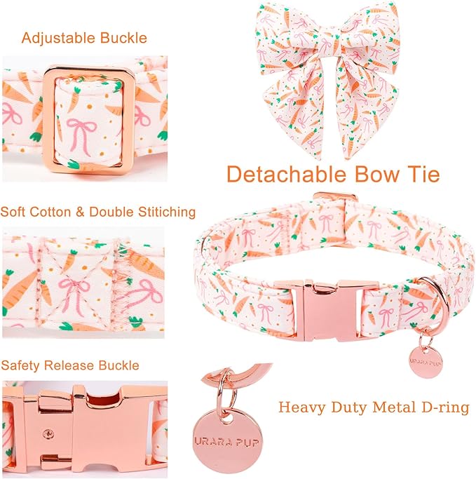 Easter Dog Collar with Bow Tie, Cotton Bunny Bowtie for Large Girl Boy Dog, Cute Rabbit Pet Collar with Metal Buckle, Gift, L