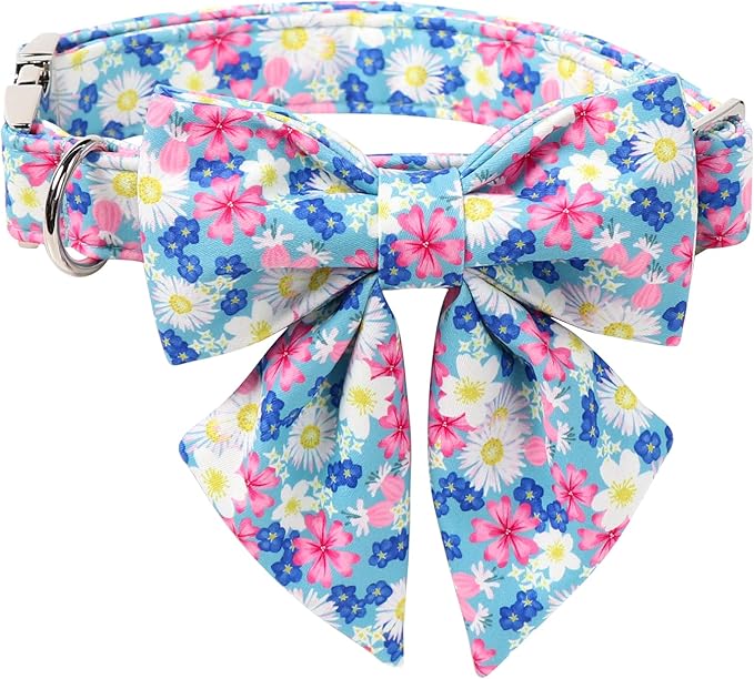 Lionet Paws Floral Dog Collar with Sailor Bow, Spring Wildflowers Daisy Forget Me Not Dog Collar Bow Tie for Dogs, Medium, Neck 13.5-22 inches
