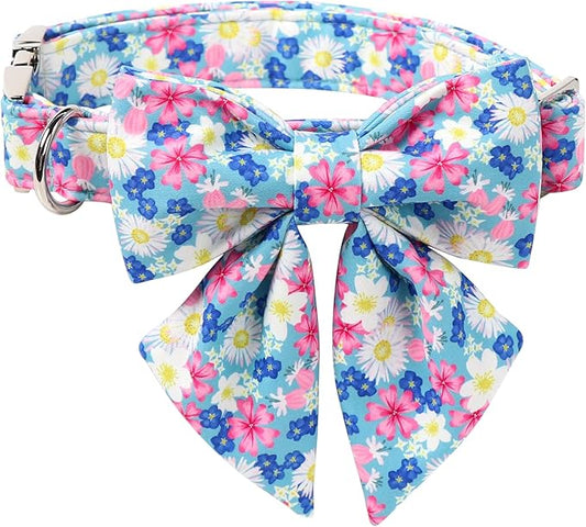 Lionet Paws Floral Dog Collar with Sailor Bow, Spring Wildflowers Daisy Forget Me Not Dog Collar Bow Tie for Dogs, Medium, Neck 13.5-22 inches