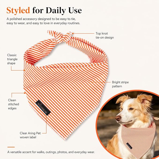 ARING PET Stripe Dog Bandanas, Cute Orange Pet Bandana Scarf Triangle Bib for Small Medium Large Boy Girl Dogs Cats, Puppy Kerchief for Daily Wear Walks Party Photos-L