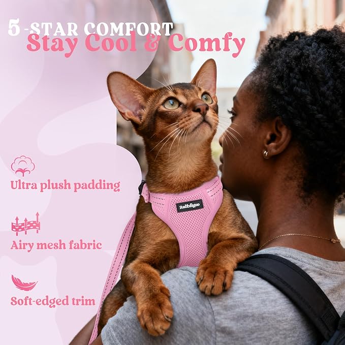 rabbitgoo Cat Harness and Leash, Escape Proof Vest with 3 Adjustable Buckles, Soft Comfortable Kitten Harness, Easy to Wear, Reflective for Safe Outdoor Walking, XS, Pink