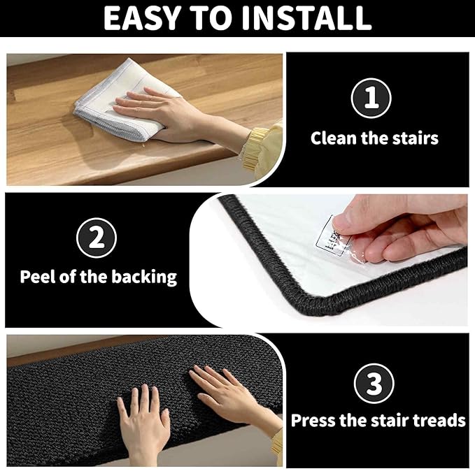 Brakki Bullnose Carpet Stair Treads, Non Slip Stair Treads for Wooden Steps Indoor Runner, Soft Rugs for Pets, Edging Protectors, Washable, 29.5"x9.5"x1.5" 2pcs, Black