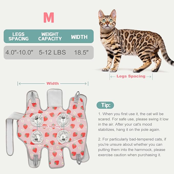 Supet Cat Grooming Hammock Harness for Nail Trimming, Cat Grooming Hanging Sling for Nail Clipping, Pet Restraint Holder for Cutting Nails, Medicine, Ear & Teeth Cleaning, Eye Care (Strawberry M-2)