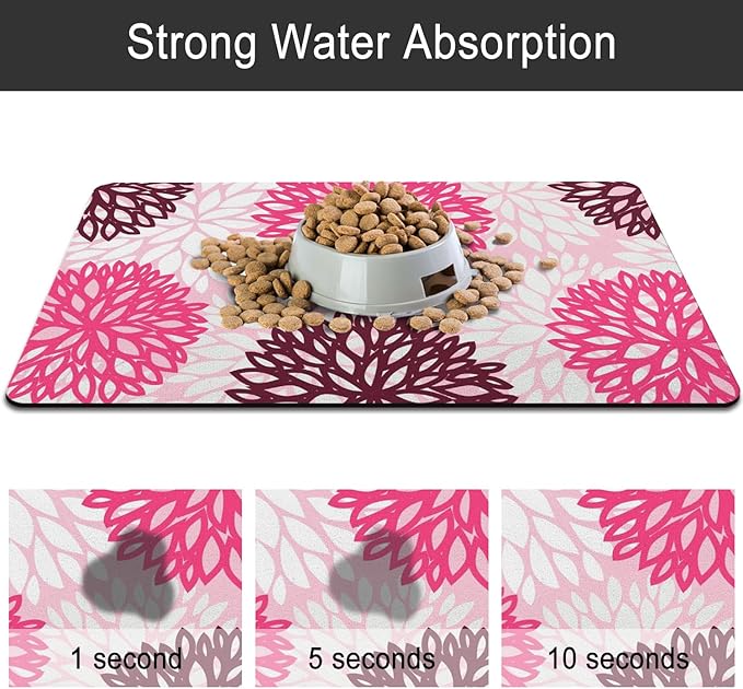Dog Food Mats for Floors, Absorbent and Quick-Drying Pet Cat Food Mat,Anti-Fouling and Easy-to-Clean Pet Feeding Mat,Dog Bowl Mat for Messy Drinking Water Bowls.17x32, Bohemia Dahlia Floral Style