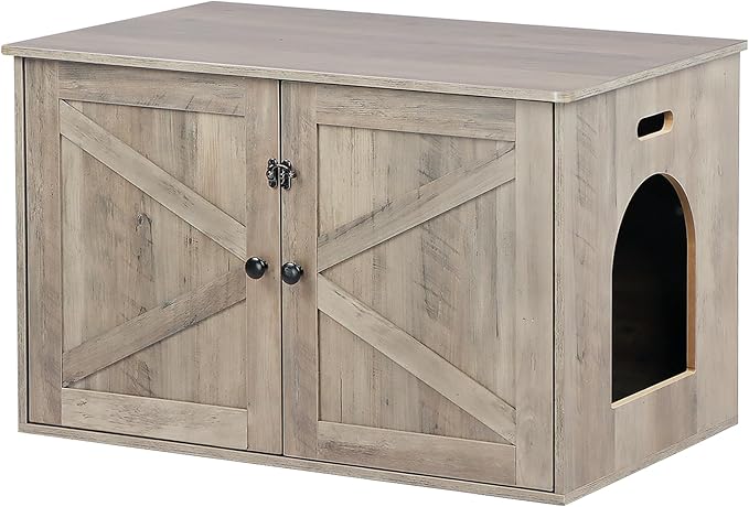 Timberer Cat Litter Box Enclosure, Litter Box Furniture Hidden with Removable Divider, Wooden Cat Washroom Furniture, Greige