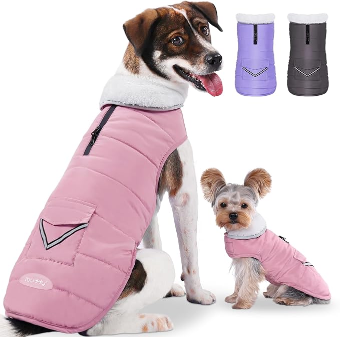 Dog Winter Coat for Large Dogs, Easy on Dog Snow Coat Velcro Waterproof Pet Puffer Jacket with Harness Hole Adjustable Reflective Quilted Pet Cold Weather Vest Wind-Poof for Pitbull Boy Girl