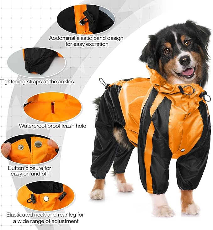 Dog Raincoat, Waterproof Dog Rain Coats for Large Dogs, Lightweight Rain Jacket, Adjustable 4 Legs Pet Poncho with Hood, Snow-Proof Dog Vest Rainwear, Rain Clothes Apparel with Leash Hole