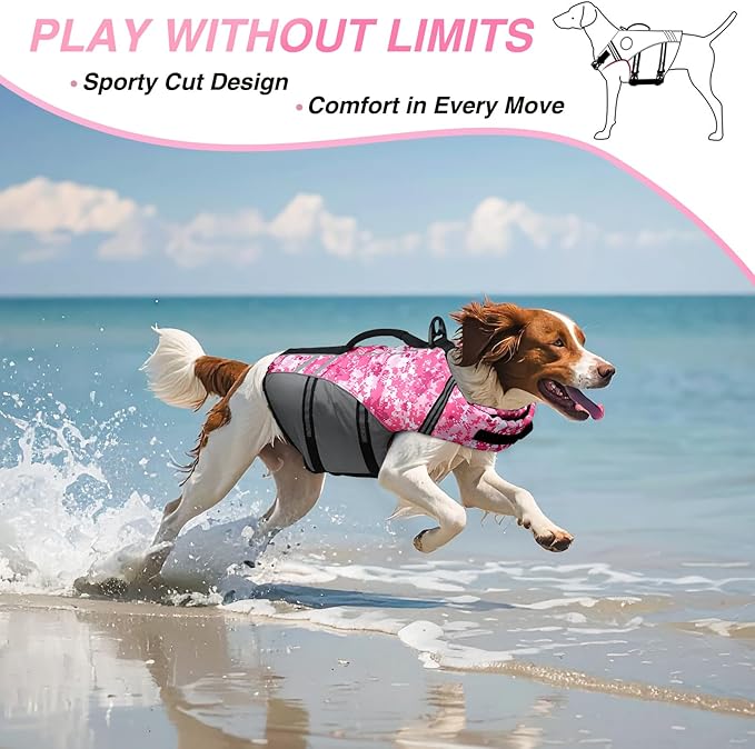VIVAGLORY Sports Style Dog Life Vest, Dog Life Jacket for Swimming & Boating, Ripstop & Buoyancy for Puppy Doggy, Lifejacket with Handle, XL, Camo Pink