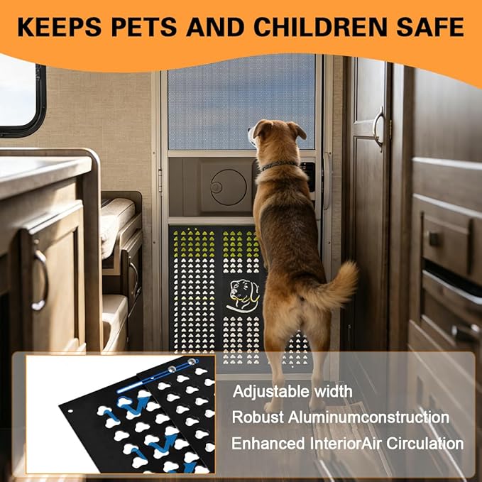 SKTYANTS RV Screen Door Protector Guard for Dogs - Black Adjustable Aluminum Alloy Grille (Fits 16"-31.7" Doors), Rust-Proof Pet-Proof Protector for RV Camper Travel Trailer Entry