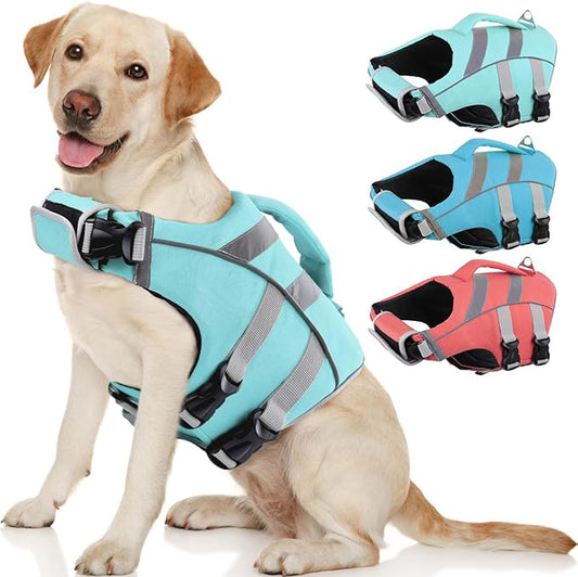 Kuoser Dog Life Jacket with Reflective Stripes, Dog Life Vest for Swimming Boating, Adjustable Pet Lifejackets with High Flotation, Doggie Swimsuit for Small Medium Large Dogs