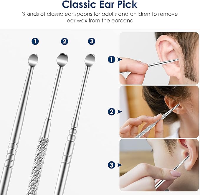Ear Cleaning Kit,Safe Ear Wax Removal Tool,Earwax Removal Kit,Easy to Use,Painless Ear Pick,with Storage Box and Cleaning Brush (Silver)