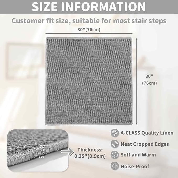Brakki Bullnose Carpet Stair Treads, Non Slip Landing Mat for Wooden Steps Indoor, Soft Stair Rugs for Pets, Indoor Doormat for Kitchen Bathroom, Washable, 30"x30" 1pc, Grey