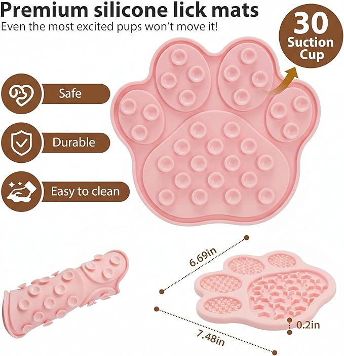 Lick Mat for Dogs and Cats, Slow Feeder Mats with Suction Cups - Bathing, Grooming and Training, Anxiety Relief Feeding Pad,Dishwasher-Safe (PBW03-Pink-paw)