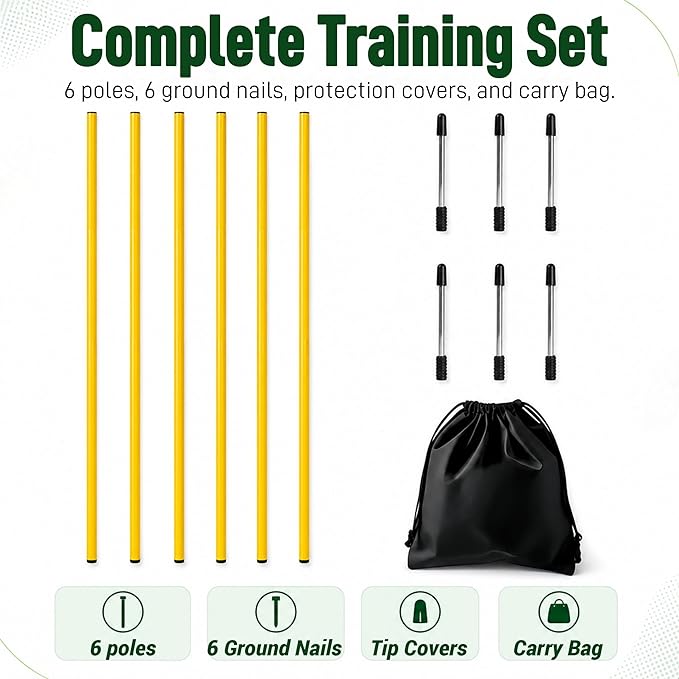 6 Pcs Soccer Agility Poles for Training, 5 FT Adjustable Speed and Agility Training Equipment for Football/Basketball/Horse/Dog Practice, Soccer Sticks with Steel Ground Nails Outdoors